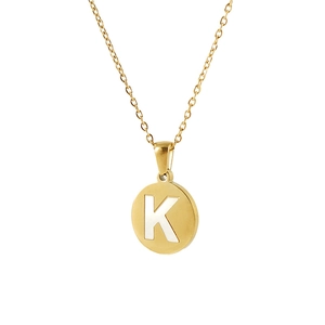 Polished 18K gold plated stainless steel necklace featuring a round letter K pendant