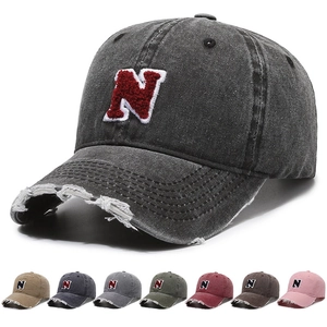 Vintage Washed Cotton Baseball Cap Distressed Worn Brim Letter N Patch Adjustable Retro Streetwear For Men Women