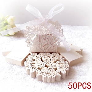 50PCS white laser cut butterfly candy gift boxes with elegant ribbon for wedding favors