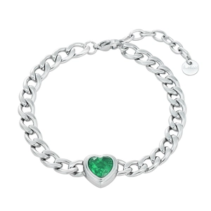 Silver stainless steel Cuban chain bracelet with a green heart zircon stone centerpiece