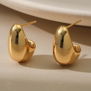 Trendy Minimalist Copper 18K Gold Plated C Shaped Pea Stud Earrings For Women French Small Smooth Water Drop Earrings Fashion Jewelry