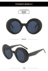 Front and 45-degree angle views of retro round frame sunglasses with deep blue lenses