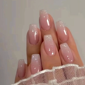Ballerina Press On Nails Gradient Pink White Glitter Coffin Fake Nails Sweet Style Fashionable Artificial Finger Nails For Women