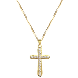 Elegant gold titanium necklace featuring a cross pendant encrusted with sparkling crystals