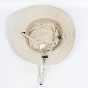 Quick-dry waterproof beige sun hat with breathable mesh lining and adjustable chin strap