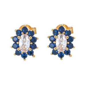 Floral cluster stud earrings featuring white center zircon and navy blue gemstones in gold finish