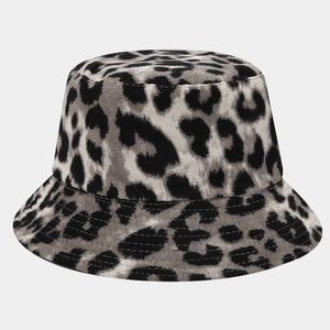 Detail shot of the reversible leopard print bucket hat with reinforced brim stitching