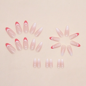 Pink French almond press-on nails with white gradient design set of 24 pieces
