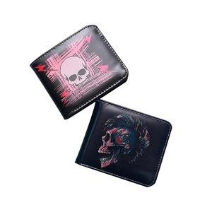 Men Bifold Wallet PU Leather Skull Print Short Purse With Zipper Pocket Card Slots Punk Gothic Streetwear