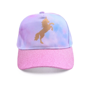 Kids tie-dye unicorn baseball cap with pink sequined brim and golden silhouette