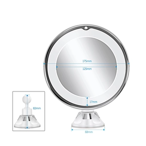 Round LED makeup mirror with 10X magnification showing 175mm diameter dimensions