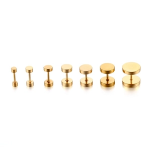 Golden stainless steel dumbbell stud earrings in seven graduated sizes set on white background