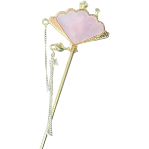 Bacchetta per capelli a ventaglio dorato con motivi floreali rosa e nappe lunghe