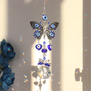 Silver butterfly suncatcher with evil eye beads and crystal ball prism for garden decor