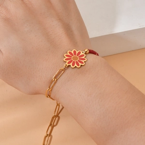 Bohemian daisy stainless steel bracelet with red beads and golden large link chain
