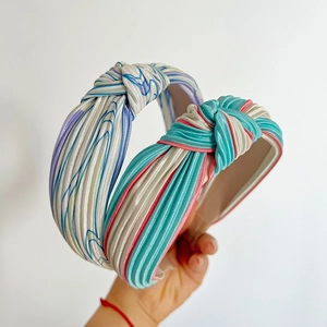 Fashion Knotted Wide Headband Contrast Color Stripe Fabric Satin Texture Hair Hoop Accessory For Women