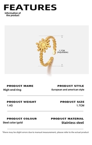 Detailed spec chart for 18K gold plated stainless steel sun ring with adjustable band
