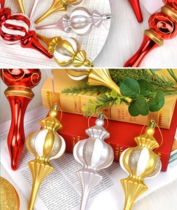 Detailed Christmas ornaments set in red, gold and silver finishes with glitter accents