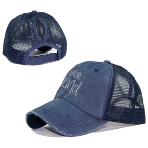Navy blue distressed ponytail mesh baseball cap with heart and be kind printed text