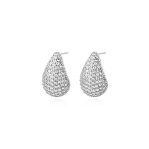 Elegant silver teardrop stud earrings with pavé zircon stones in a hollow design