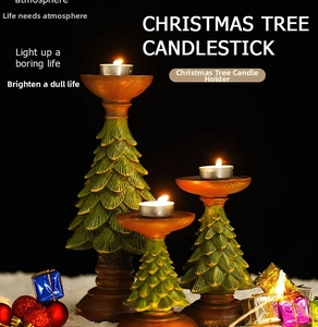 Three-piece Christmas tree resin candle holders with needles texture and lit tea lights