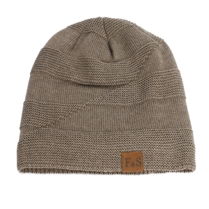Dark khaki knitted beanie with FS leather patch and warm fleece lining for outdoors