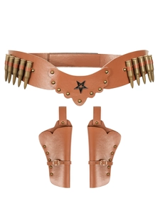Brown faux leather cowboy holster set with faux bullets and metallic star studs for cosplay