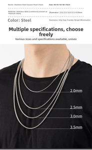 Detailed comparison of stainless steel box chain necklace in various widths on model