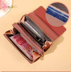 Internal layout of dusty pink litchi grain leather long wallet with phone slot