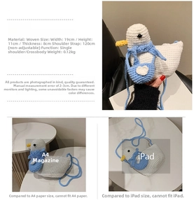 Detailed size specifications of the knitted duck crossbody bag with iPad size comparison