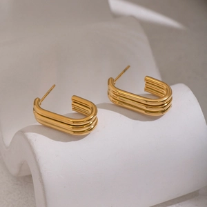 Minimalist geometric C-shaped 18K gold plated stainless steel layered earrings for women
