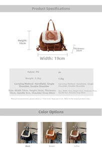 Size specifications and multi-angle view of a mini faux suede backpack with fur trim