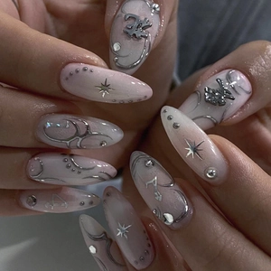 Press On Nails Long Almond False Nails With Silver 3D Stars Metal Lines Beads Gradient Pink Nude Y2K Design