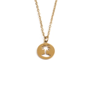 Golden stainless steel necklace featuring a round pendant with hollow coconut tree cutout