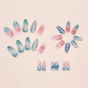 Detail of 24pcs almond press-on nails with star patterns, pearls and silver 3D lines