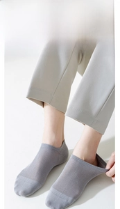 Macro detail of breathable mesh fabric and elastic cuff on light grey low cut invisible sock