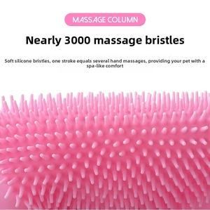 Macro detail of the pink silicone pet brush with 3000 soft massage columns for cats and dogs