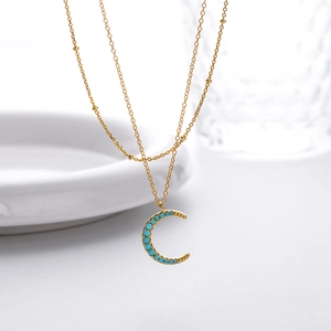S925 sterling silver layered gold necklace with turquoise crescent moon pendant