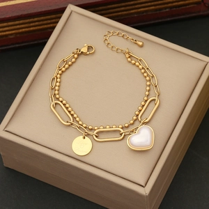 Golden double-layered pearl tassel stainless steel necklace with heart and logo pendants