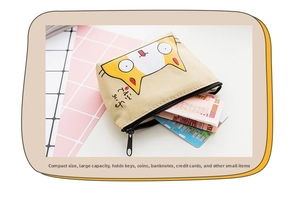 Detailed internal view of beige canvas cat coin purse with cards and cash storage