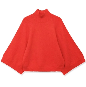 Red mock neck knit sweater with batwing sleeves and ribbed trims in a relaxed fit