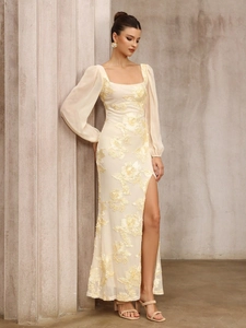 Elegant beige floral embroidery evening dress with square neck and high side slit