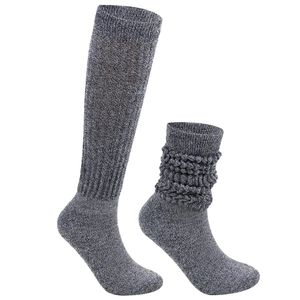 Detail of dark grey thick knit slouch socks showing ribbed texture and over-knee style