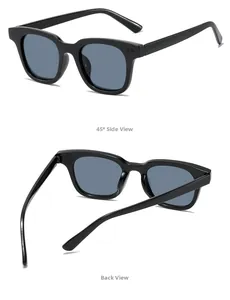 Fashionable square frame sunglasses with blue-grey lenses in side and back views