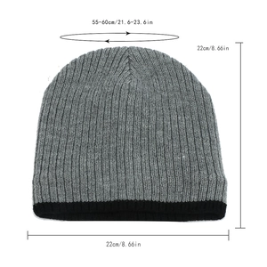 Size chart for dual-tone acrylic knit beanie showing 55-60cm head circumference dimensions