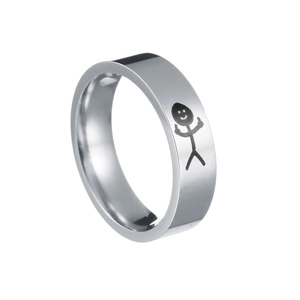 Polished silver titanium steel ring with minimalist stick figure emoji engraving