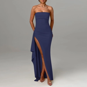 Detail of elegant tube top knit dress with high side slit in deep blue evening style