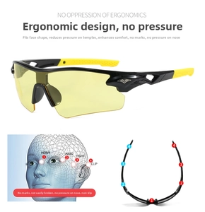 Ergonomic design detail of sports cycling sunglasses with yellow lenses and pressure distribution map