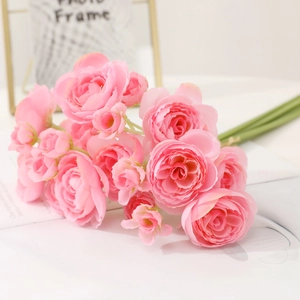 Artificial pink camellia bouquet with multiple flower heads for home wedding decor