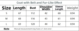 Size chart showing S to L measurements for faux fur coat with belt including length and bust